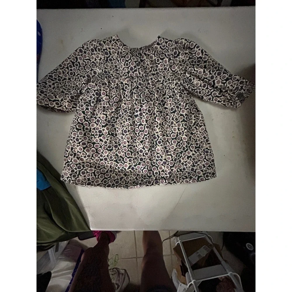 Zara‎ cottagecore Baby Girl Puff Sleeve Blouse Purple Green 12-18 Months